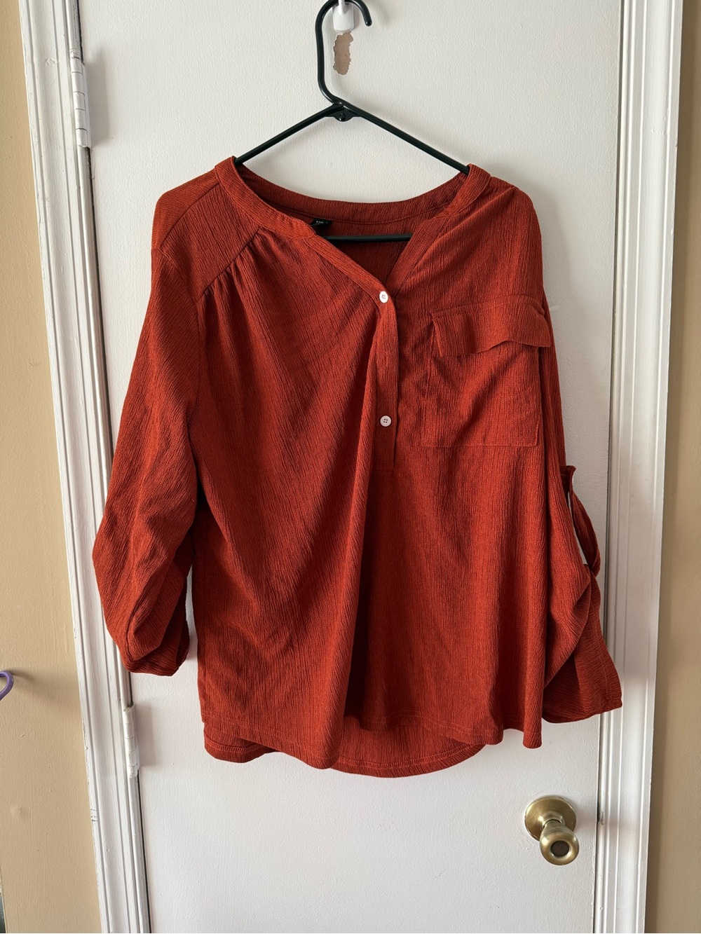 SHEIN Rust Button-Up Textured Long Sleeve Blouse